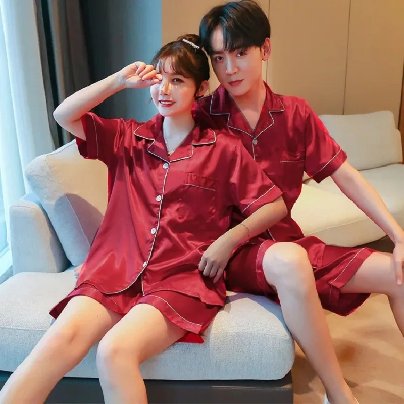 สีทึบชุดนอนผ้าไหมซาตินชุดนอนคู่ชุดแขนสั้นชุดนอน Pijama ผู้หญิงผู้ชาย Loungewear PLUS ขนาด Pj ชุด