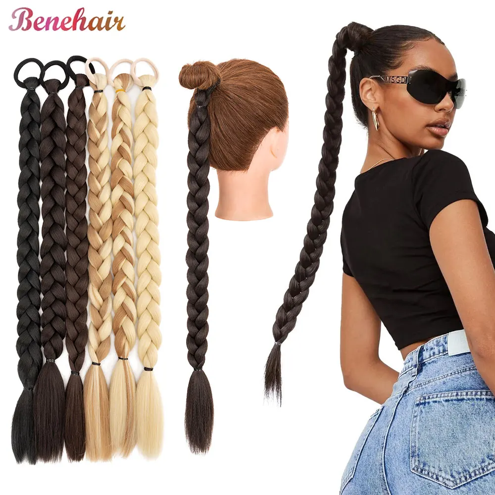 Benehair 24 inch lange vlecht paardenstaartverlenging met elastische stropdas vlechthaar natuurlijke zachte synthetische haarstukken voor dames dagelijks gebruik