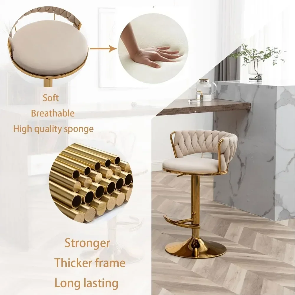 Velvet Stools Set of 4, Counter Height Bar Stools with Low Back, Gold Swivel Bar Stool for Kitchen Island, Bar Pub Stools