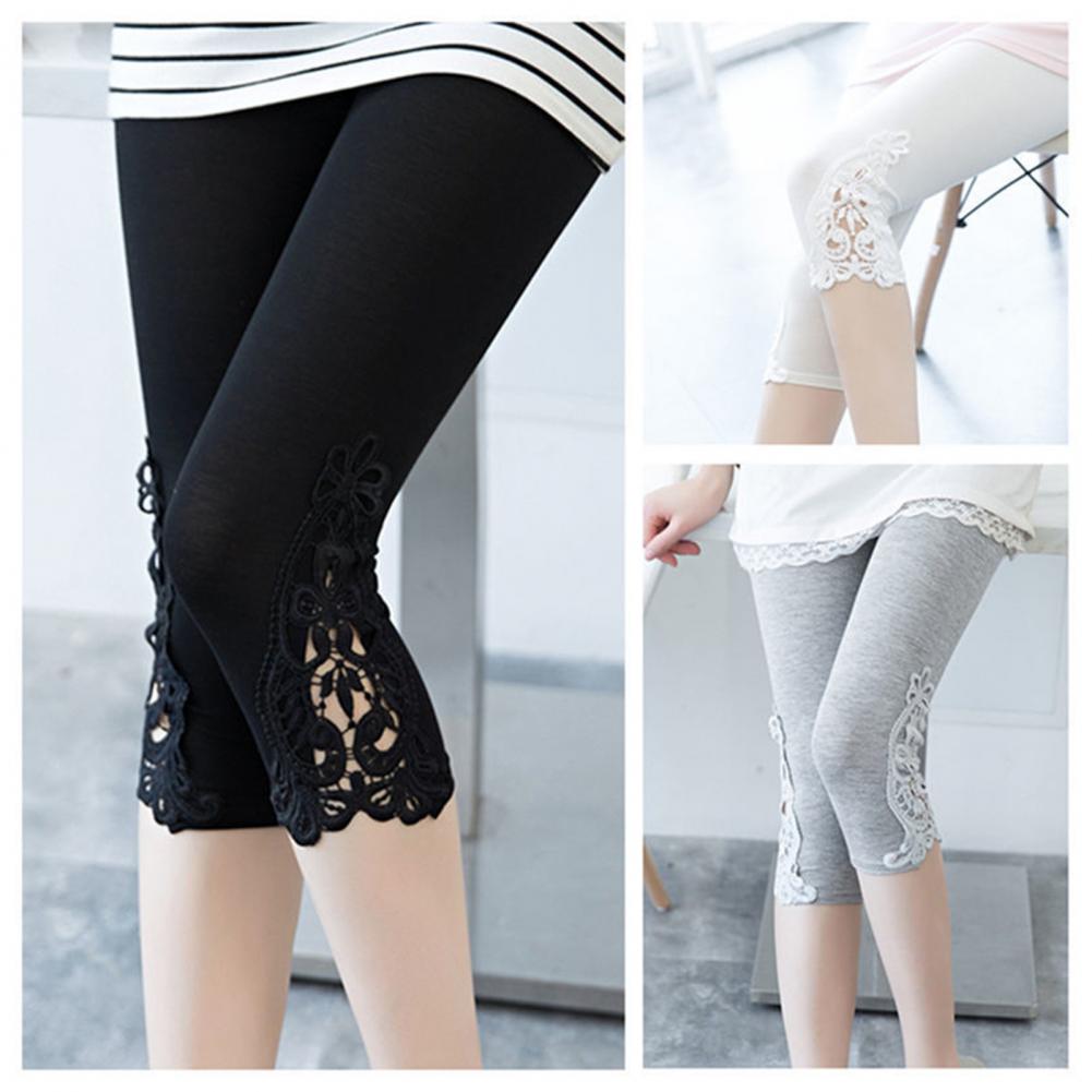 Leggings recortadas femininas cintura elástica bordado renda costura verão elástico calças cortadas finas calças justas rsi