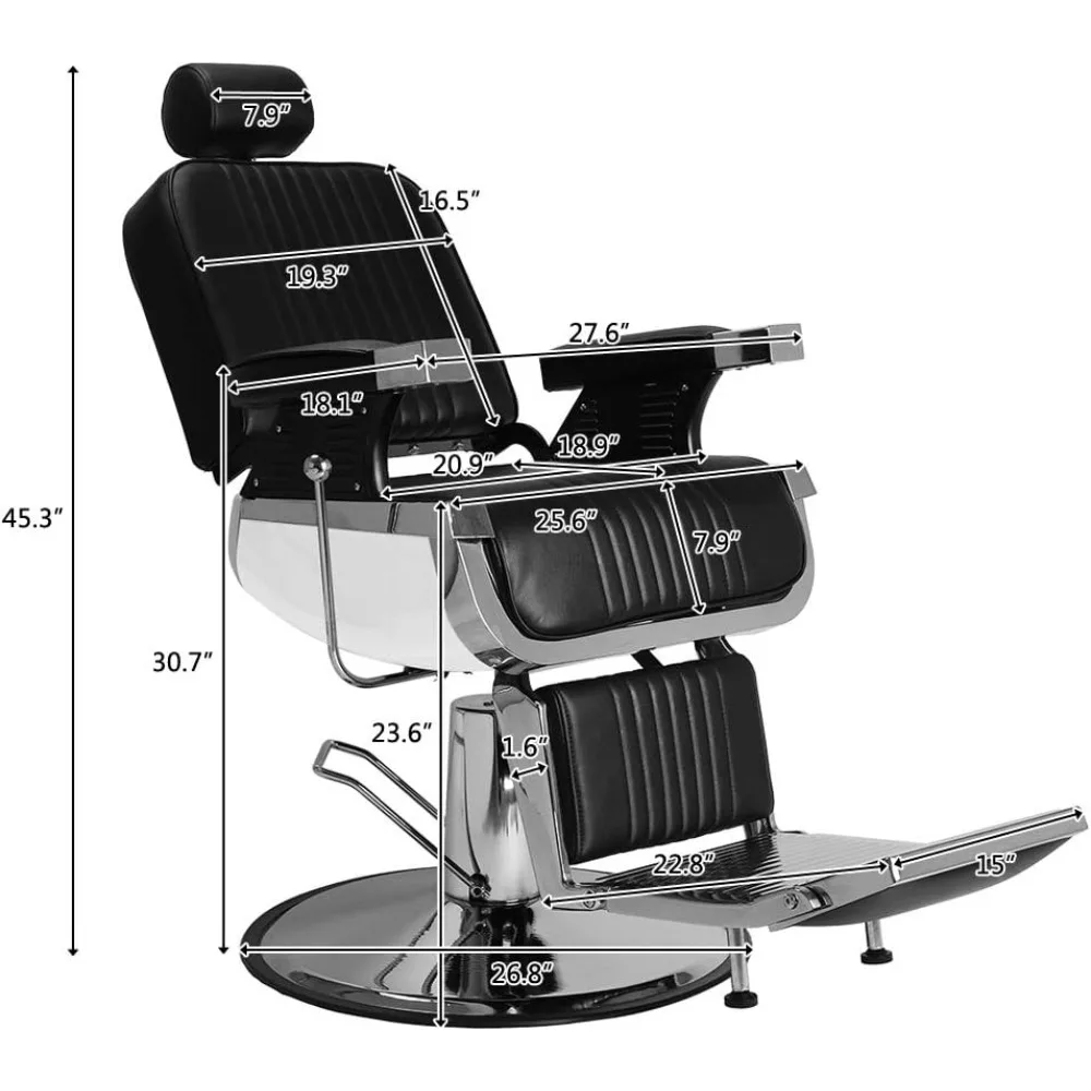 Heavy Duty Reclining Barber Chair with Headrest & Supports up to 500lbs & 360 Degrees Rolling Swivel, Professional Vintage