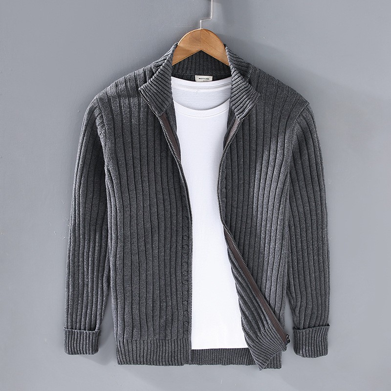 Outono inverno novos homens cardigan camisola gola com zíper algodão 100% engrossado malha cor sólida roupas de rua alta
