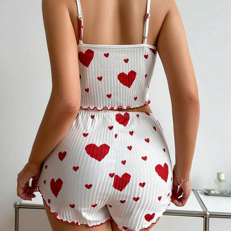 Pigiama da donna Set pigiama 2 pezzi Canotte corte e pantaloncini SML Bianco Ventilare morbido Casual Stampa d'amore