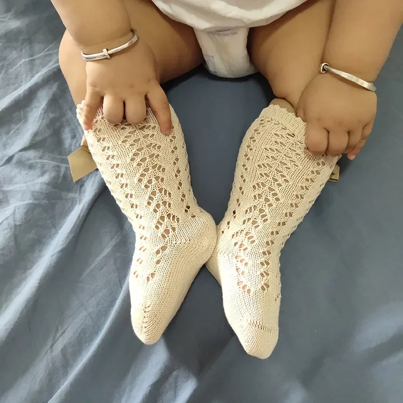 Calcetines para bebés y niñas, calcetines transpirables de malla de algodón con lazo de estilo español para recién nacidos de 0 a 5 años