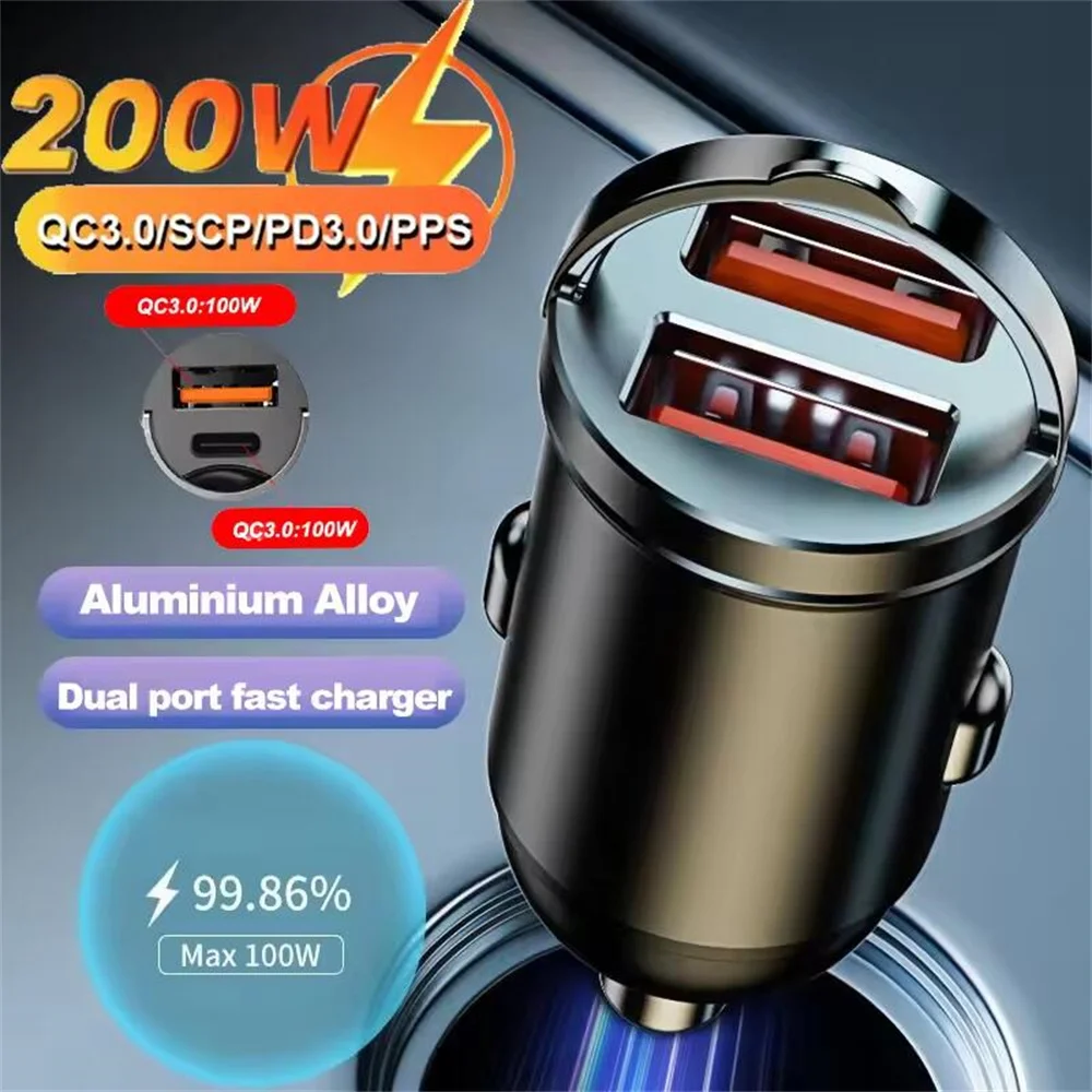 200 W USB Auto Ladegerät Mini PD QC Pull Ring Schnelle Lade USB C Auto Telefon Ladegerät Adapter Für iPhone 16 15 Xiaomi Samsung Huawei