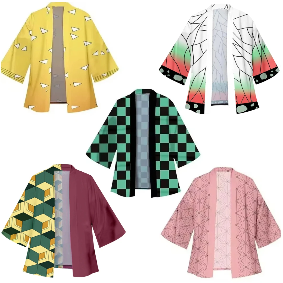 อะนิเมะ Tanjiro Kamado Kospy ชุดกิโมโนสําหรับผู้ชาย wo ก๋วยเตี๋ยวญี่ปุ่นเสื้อคลุมฮาโอริ Kamade Nezuko Robe ชุด Kochou Shinobu Kimono ฤดูร้อน Coak