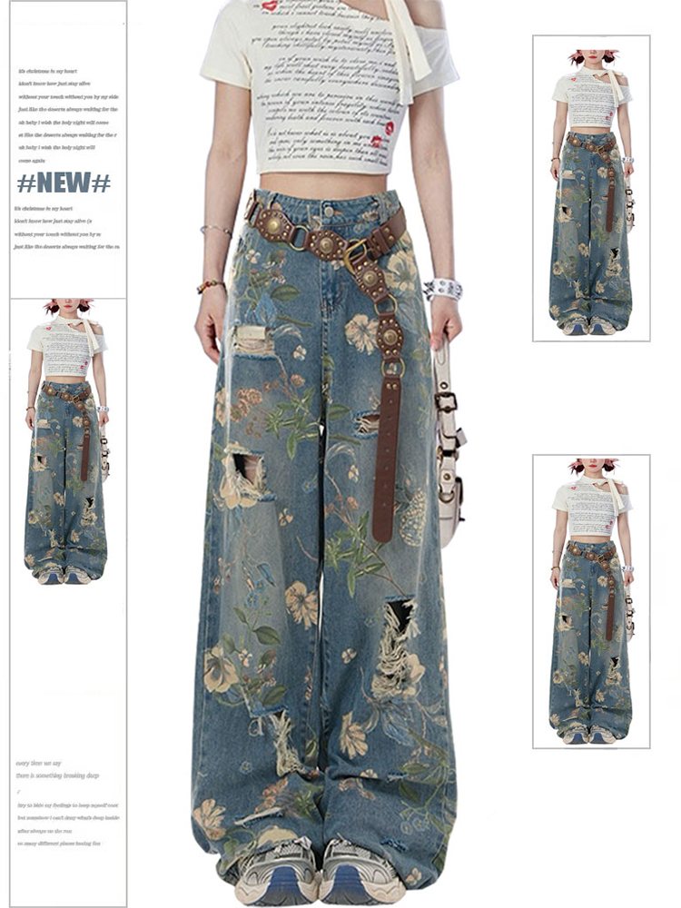 Frauen y2k Grafik druck zerrissene Jeans Baggy Harajuku 90er Jahre ästhetische Jeans hose Vintage japanische 1920er Jahre Stil Trashy Jeans hose