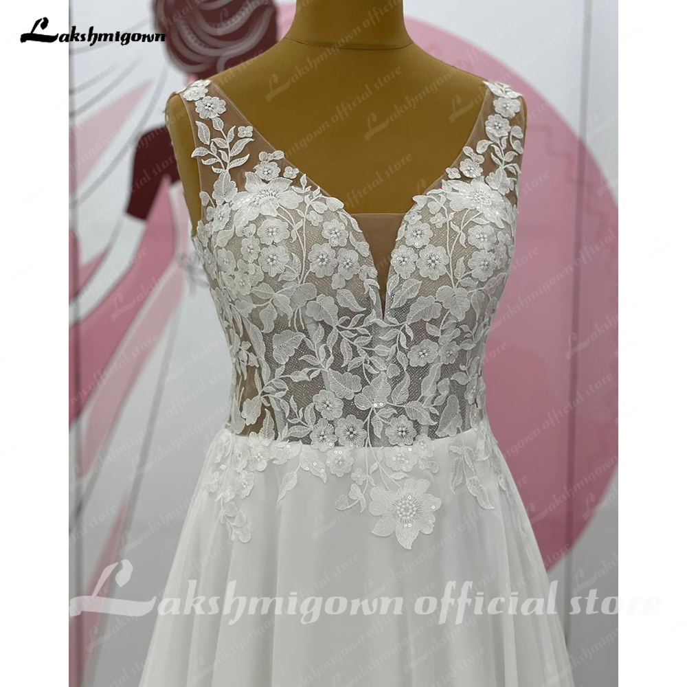 Lakshmigown Abiti da sposa in chiffon Scollo a V Fiori Pizzo Boho Abiti da sposa Donna A Line Abito da festa formale Abiti personalizzati