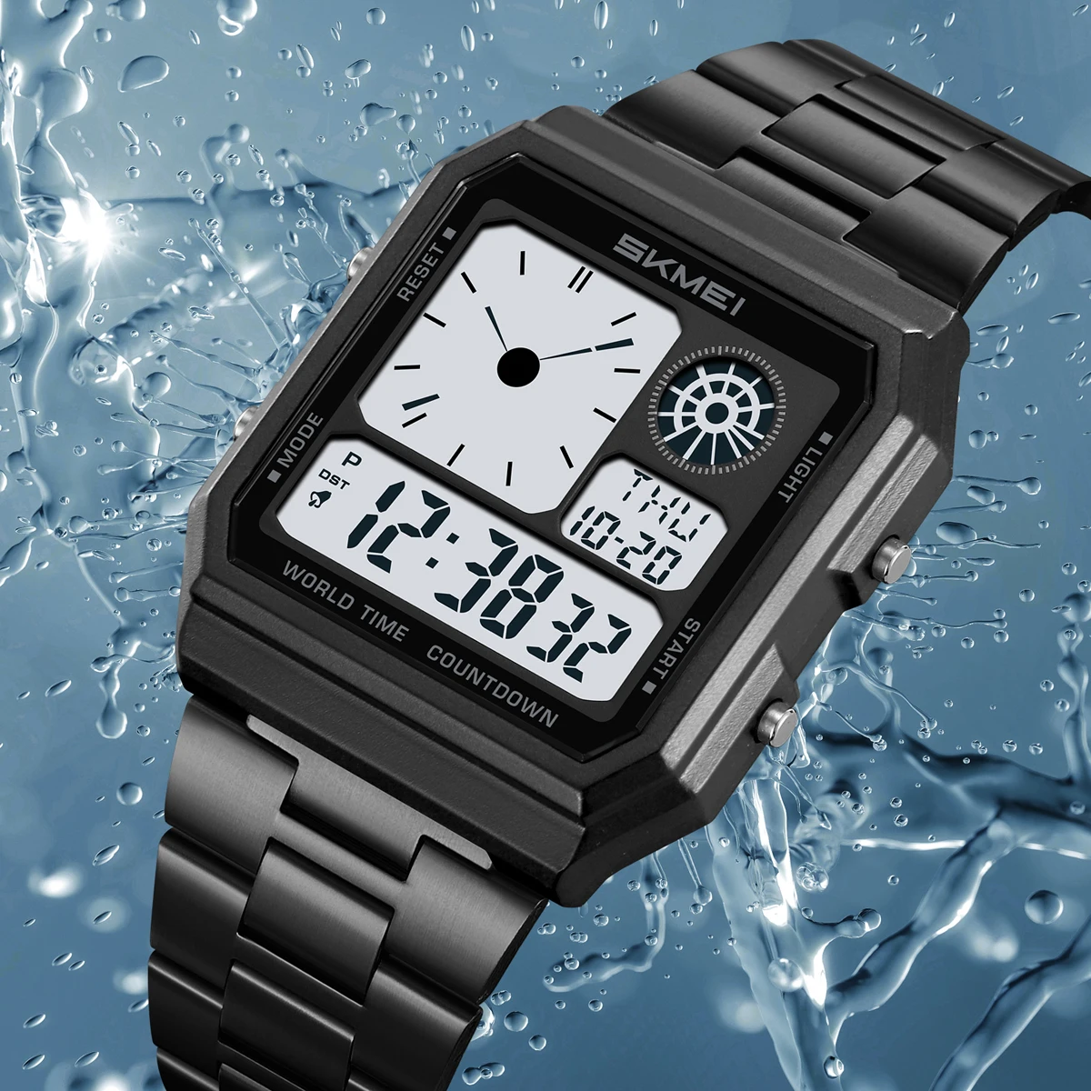 Reloj electrónico Digital SKMEI World Time para Hombre y mujer, relojes de pulsera con tira de acero inoxidable resistentes al agua para deportes al aire libre, Reloj para Hombre