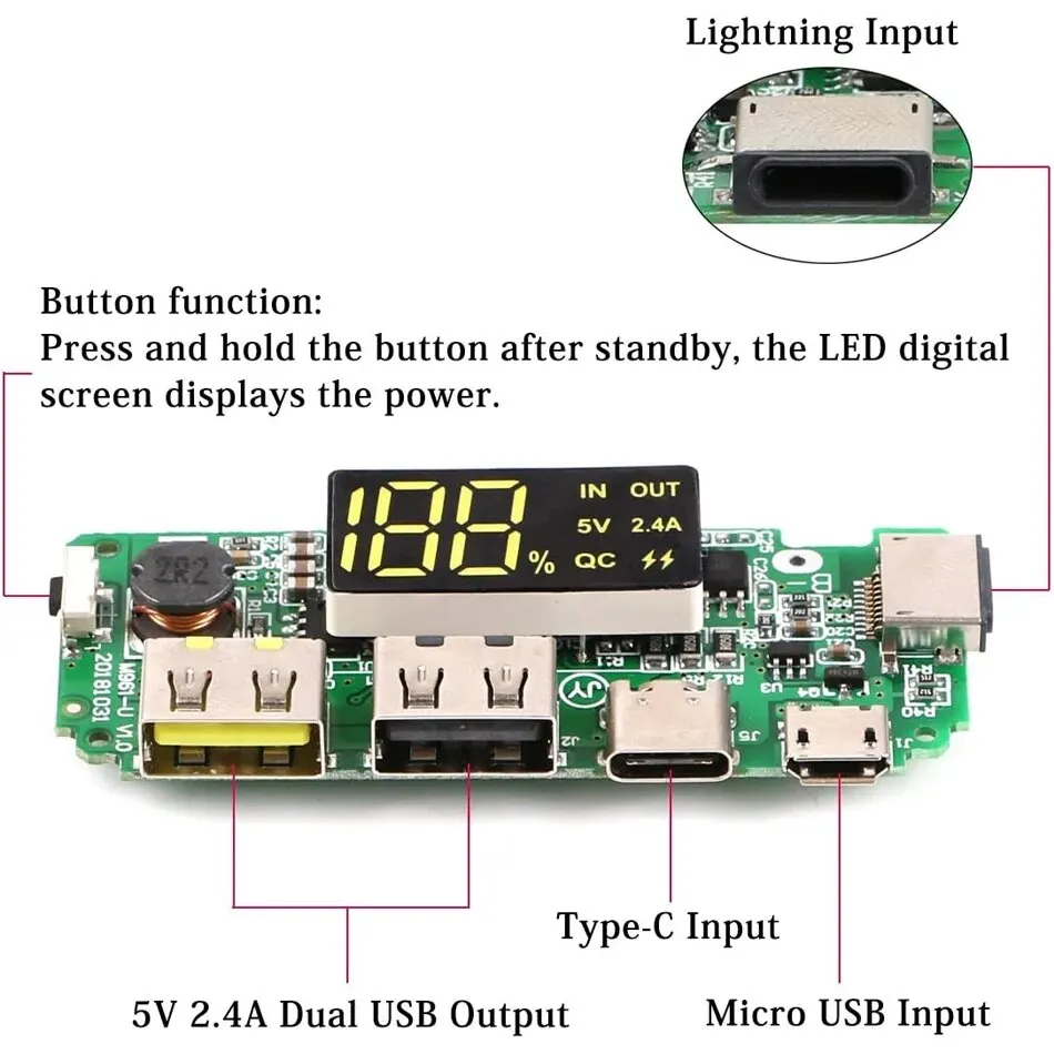 2 pezzi 18650 caricabatteria al litio 5V 2.4A doppio circuito USB modulo display LCD digitale con sovraccarico sovraccarico corto
