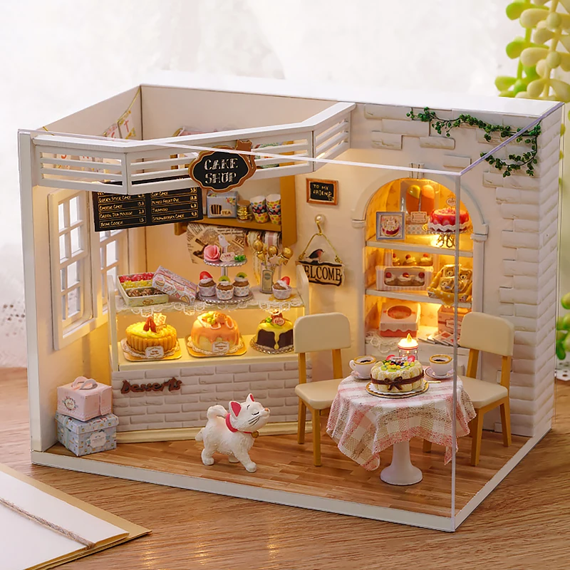 Gatinho mini casa de boneca 3d quebra-cabeça montagem modelo kit construção criativo quarto decoração com móveis artesanato madeira presentes