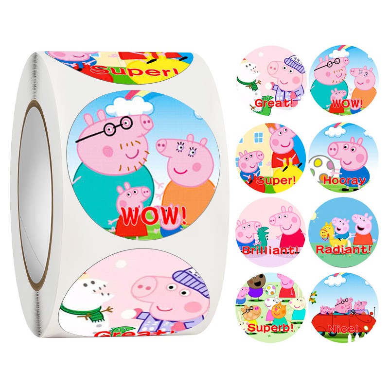 Peppa Pig George Adesivo de recompensa de jardim de infância 500 peças/rolo Pig Family Pig Pai Mãe Adesivo de desenho animado Brinquedo Presentes de aniversário para crianças