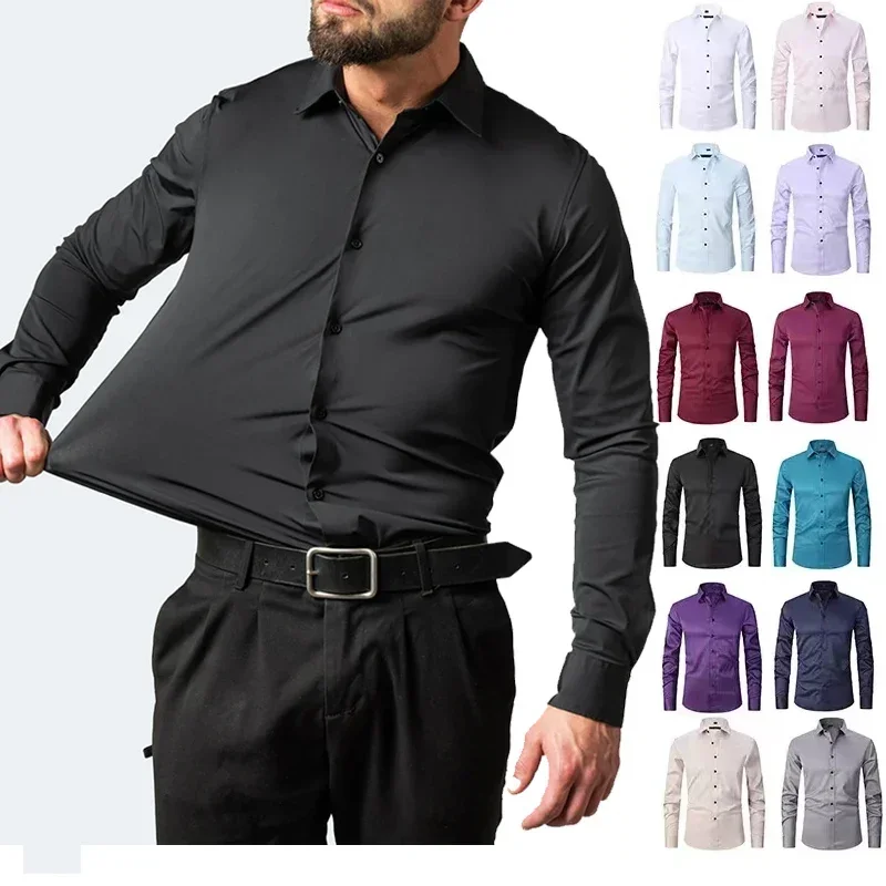 Camicia a maniche lunghe da uomo, elastica, non stirante, resistente alle rughe, minimalista, business casual, setosa e camicia bianca senza tracce