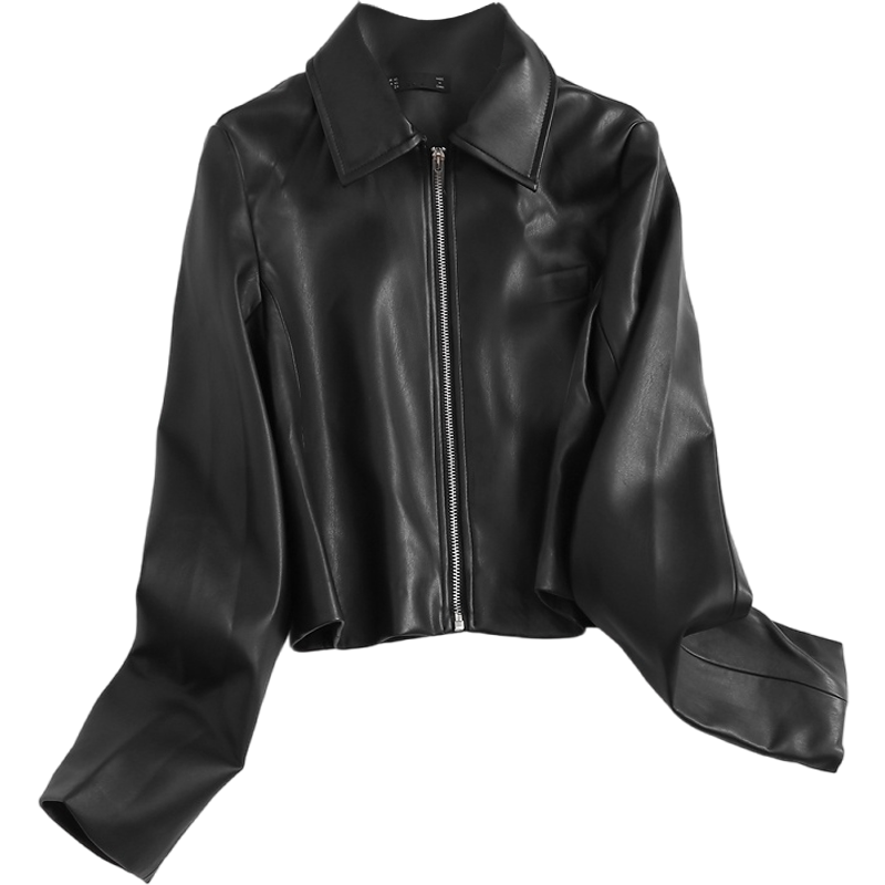 Setelan pakaian kulit imitasi untuk wanita, jaket kulit imitasi kerah lipat, jaket pendek longgar + rok lipit ramping warna hitam, pakaian musim gugur dan musim dingin