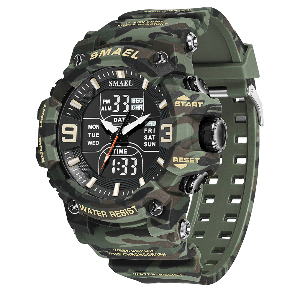 นาฬิกาทหารผู้ชายกีฬานาฬิกานาฬิกากันน้ํานาฬิกาปลุก Dual Time นาฬิกาข้อมือดิจิตอล 8049B Army นาฬิกาทหาร