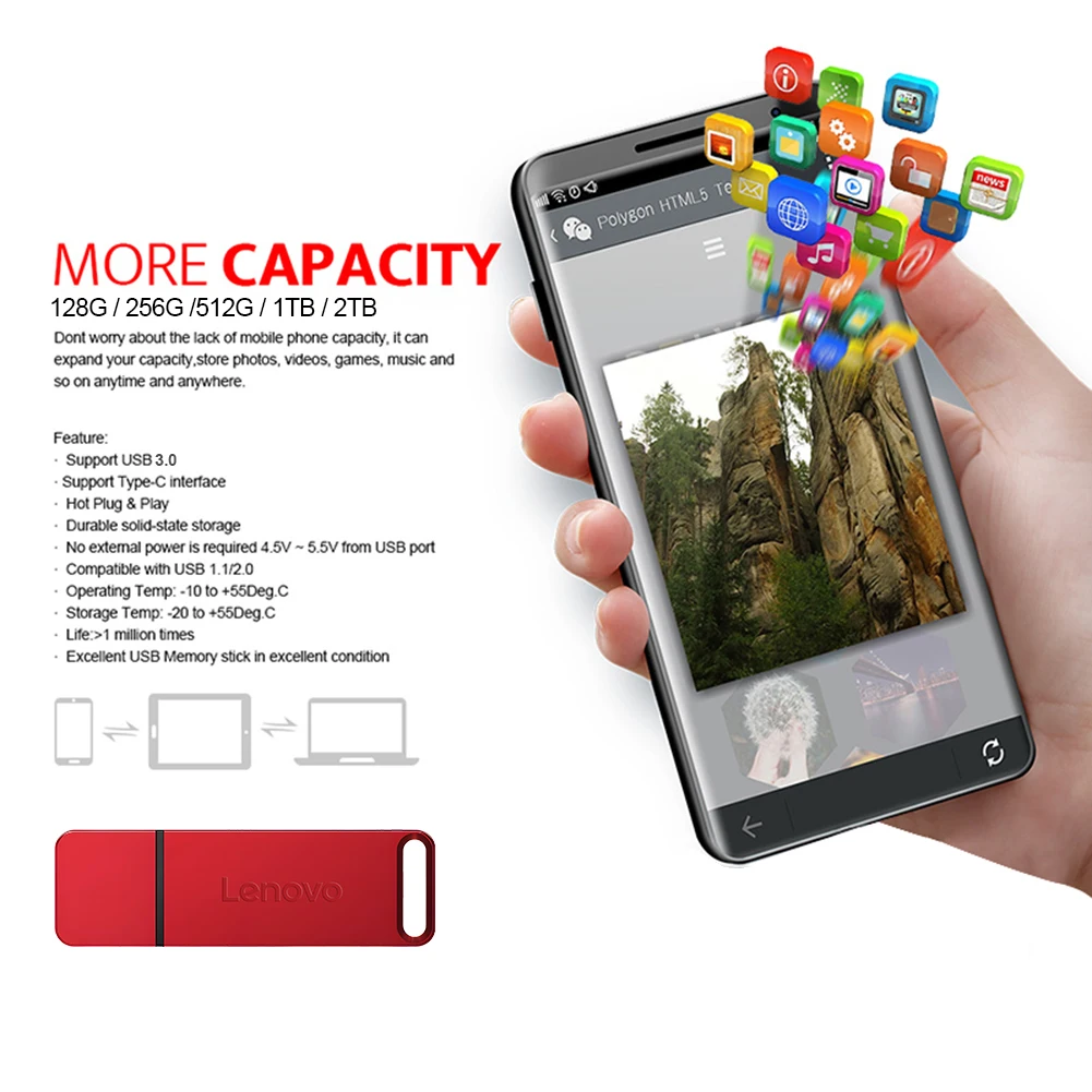 Lenovo 64TB 2TB 1TB USB Flash Drive 3.2 Type C Pendrive Memory Stick Pen Drive 512GB Flash Disk For OTG PC Phone Storage U Disk