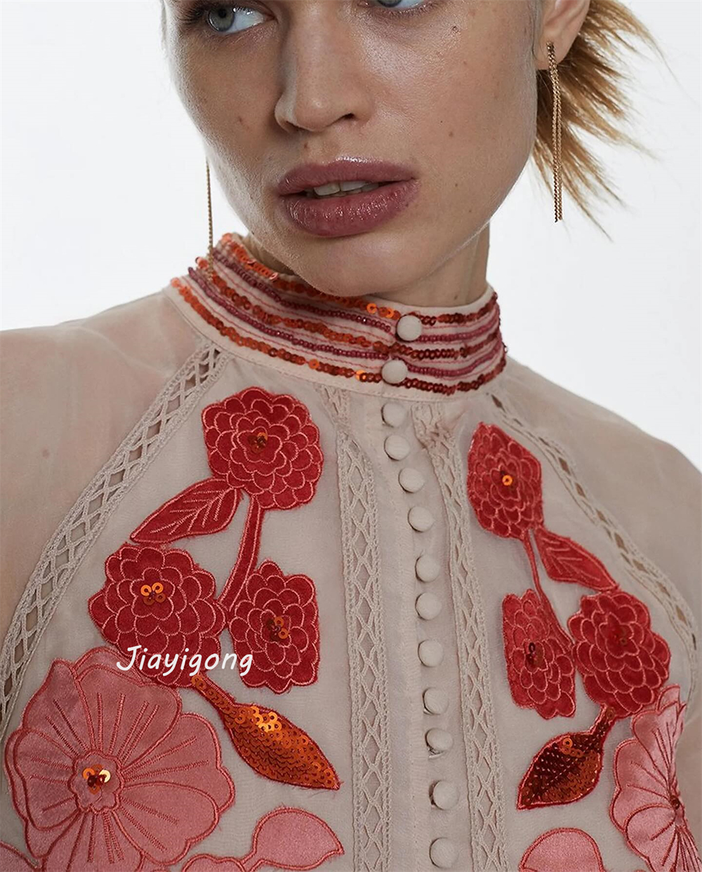 Personalizado jiayigong baile de formatura requintado gola alta a linha flores botão organza vestidos de ocasião sob medida