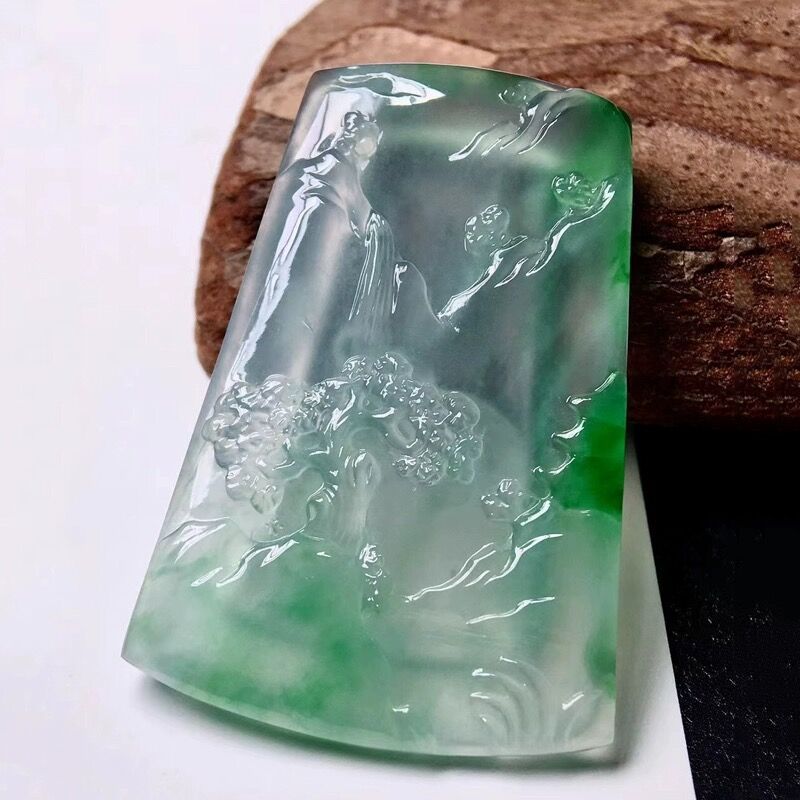 Natural birmanês processado jadeite mina velha tipo gelo verde completo paisagem pingente flor para homens e mulheres pingente de jade