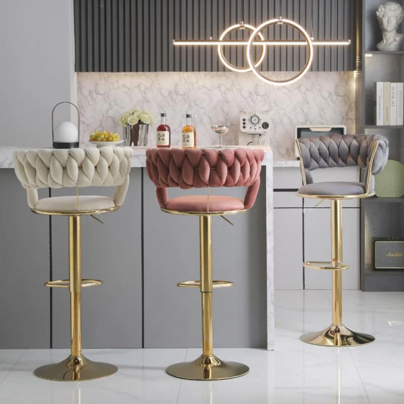 High Quality Nordic Style Bar Stools Velvet Retro Rotatable Round Party Chairs Adjustable Height Back Tabourets De Bar Furniture