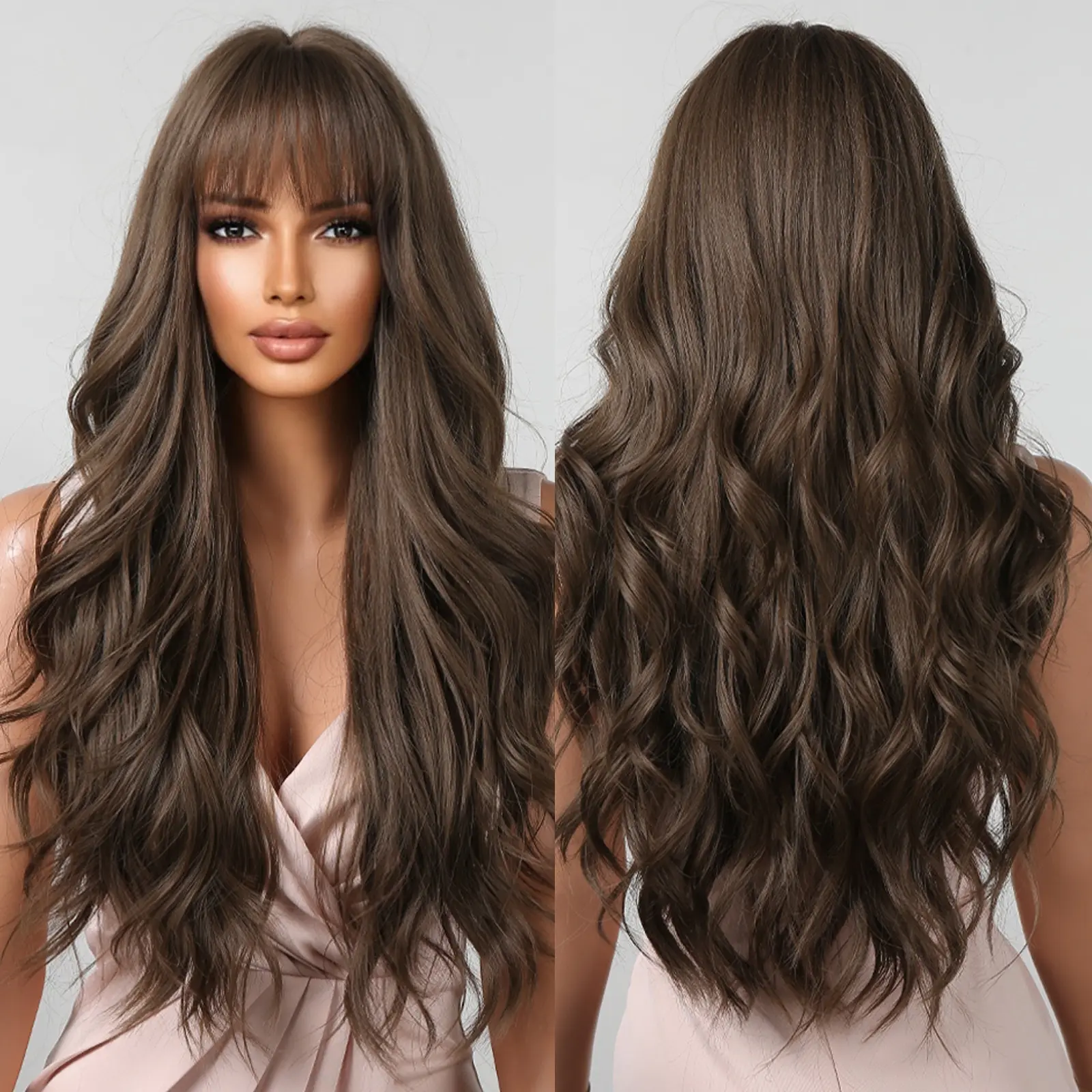 Pelucas onduladas marrones para mujeres con flequillo Peluca de pelo sintético natural largo Cosplay diario resistente al calor