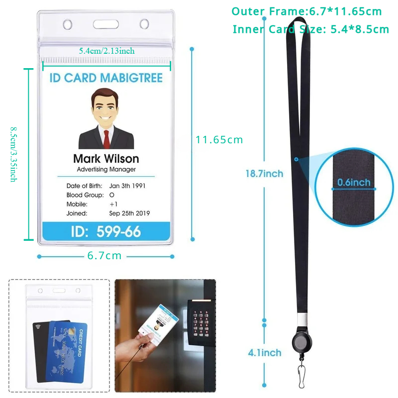 Funda transparente para tarjeta de trabajo de identificación de personal, con cordón, soporte para tarjeta de nombre de exposición, correa para el cuello, funda para tarjeta de autobús de acceso, 1 ud.