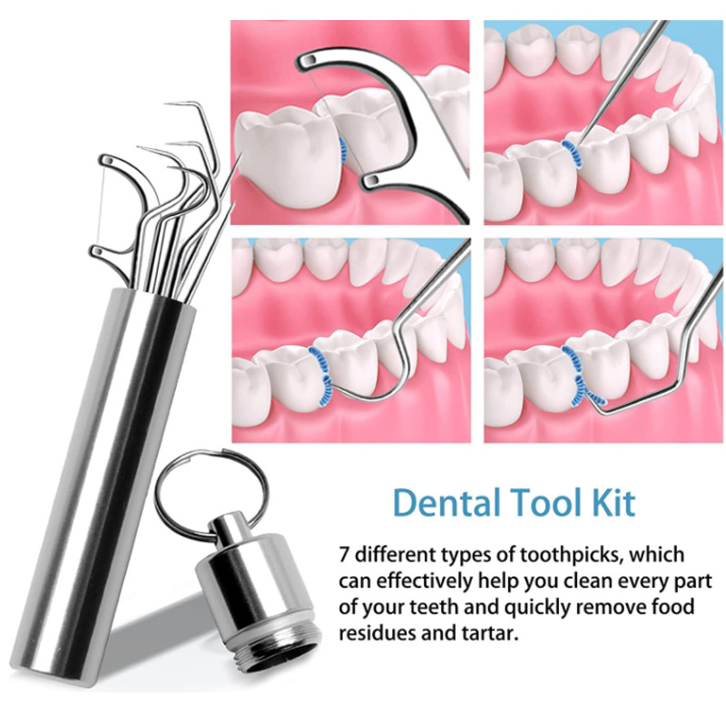 7 ชิ้นสแตนเลสไม้จิ้มฟัน 8 ชิ้นแบบพกพาไม้จิ้มฟันเครื่องมือทําความสะอาดการดูแลช่องปากไหมขัดฟันเข็มทันตกรรมเข็ม