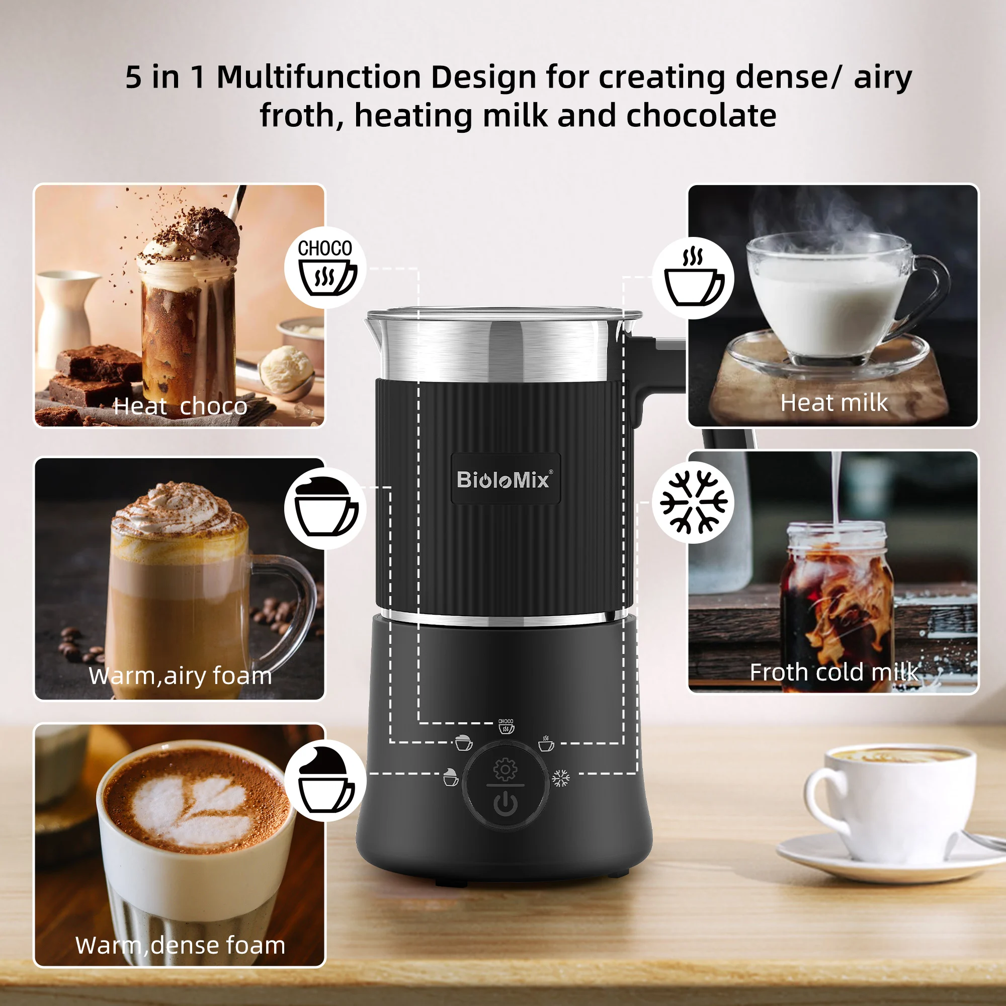 BioloMix ที่ถอดออกได้เครื่องตีฟองนมและ Steamer,5-in-1 อัตโนมัติร้อน/เย็นโฟมและช็อกโกแลตร้อน Maker,เครื่องล้างจานปลอดภัย
