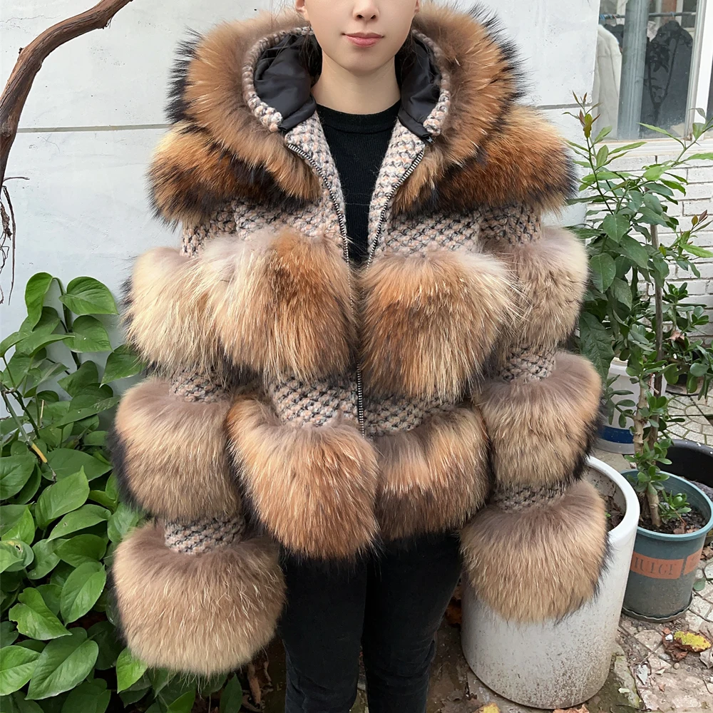Queentina echte Waschbär Pelzmantel Kapuze Winter neue Out wears Damenmode Jacke hochwertige Kleidung natürlichen Waschbär 2024