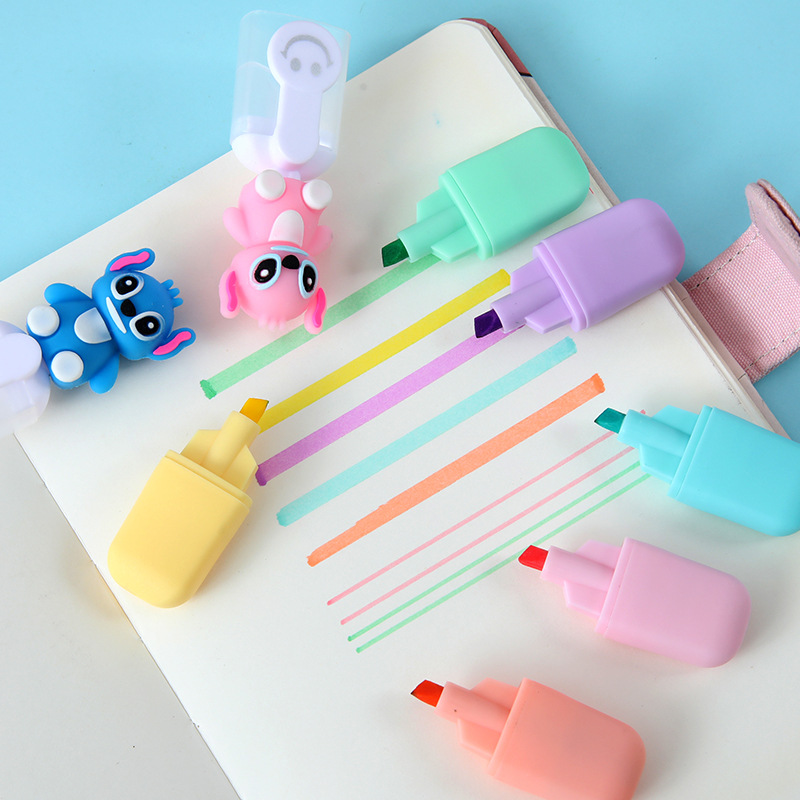 6pcs Disney Stitch Bagged Mini Highlighter Lilo & Stitch Cartoon 6color Diy Handbook Pen Cute Student Marker Stationery Gift