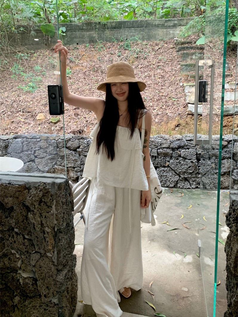 ルーズ女性のベストストラップ 2 点セット白カジュアルパンツドレープスカート夏のファッション衣装ポリエステル素材