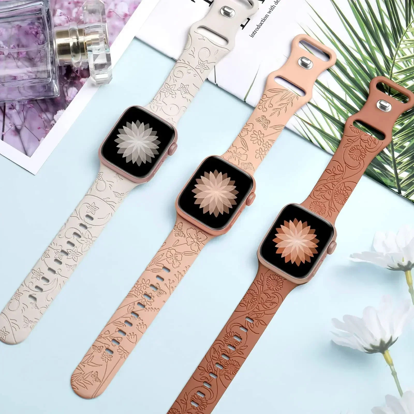 Pulseira para apple watch band 44mm 42mm 41mm 40mm 45mm 49mm 44mm pulseira gravada floral correa iwatch série 9 7 se 6 8 ultra 2
