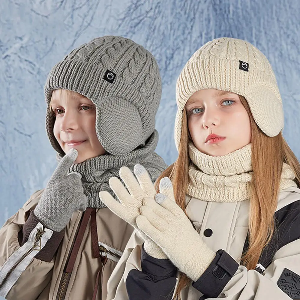 Gorro con forro polar para niños, bufanda para el cuello, conjunto de guantes, calentadores de cuello cálidos para invierno, protección para los oídos, gorro de esquí de punto grueso para niños y niñas