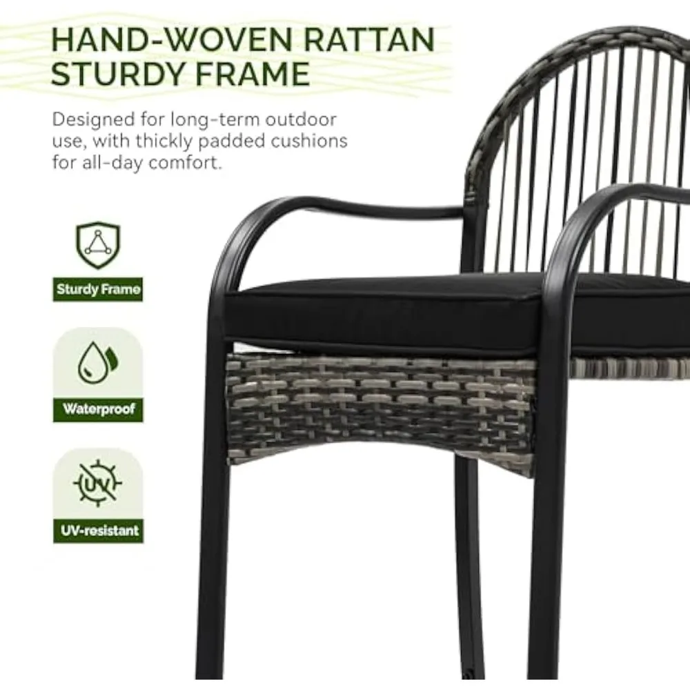 3-Piece Outdoor Wicker Bar Height Set with Cushioned Barstools, Patio Bistro Furniture for Balcony and Poolside, Black