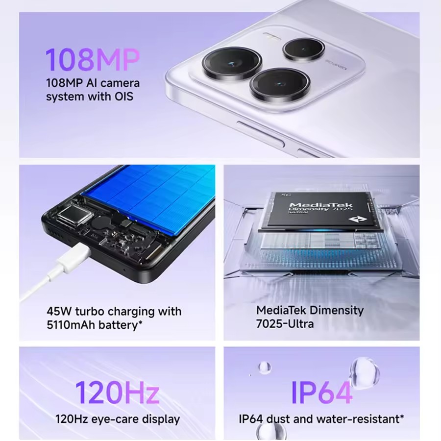 Xiaomi Redmi Note 14 5G Version européenne 8 + 256GB affichage deimens 6.67 "120Hz 108MP caméra principale OIS 45W charge, IP64, NFC