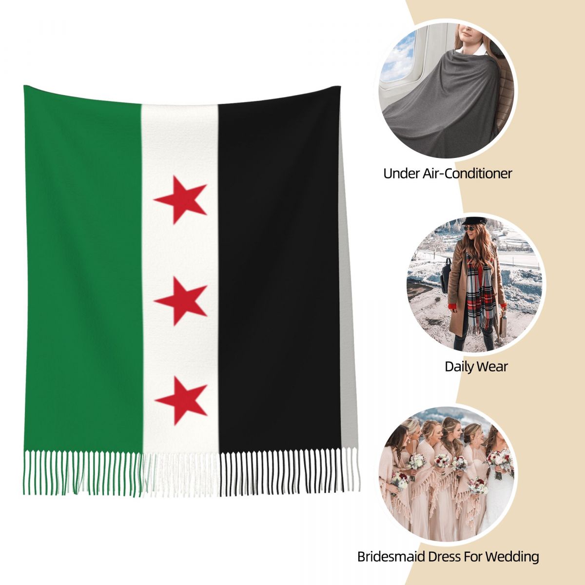 Bandeira da síria xale envoltório para mulheres inverno grande cachecol longo a república árabe siria lenço borla cachecóis