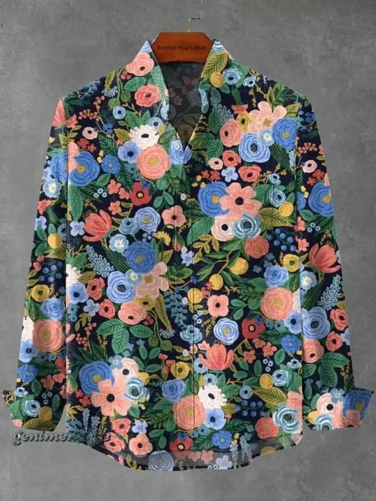 New spring, summer and autumn men's stand-up collar linen long-sleeved shirt, flowing floral print top, fast delivery from Hawai