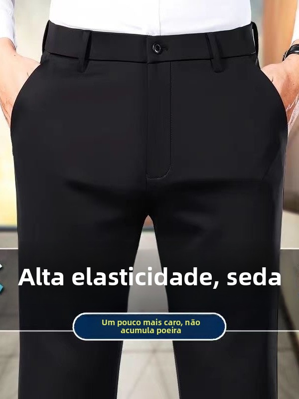Calças de Negócios Masculinas Casuais de Verão em Seda Gelada, Leves, Elásticas, Antirrugas, de Perna Reta, Formais para Home...