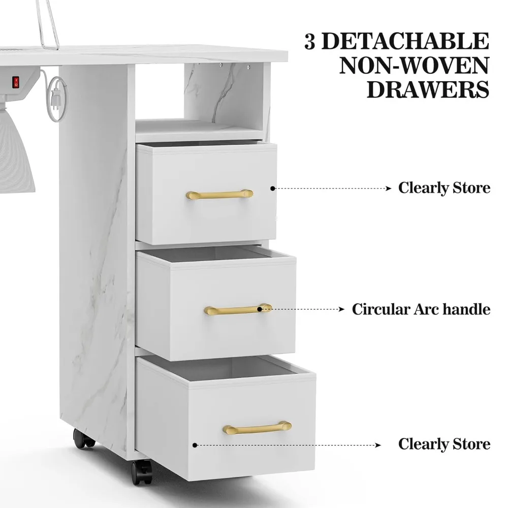Marbling Texture Nail Tech Table Nail Table Station w/Dust Collector, Power Outlets, Non-Woven Drawers & Wrist Cushion(White)