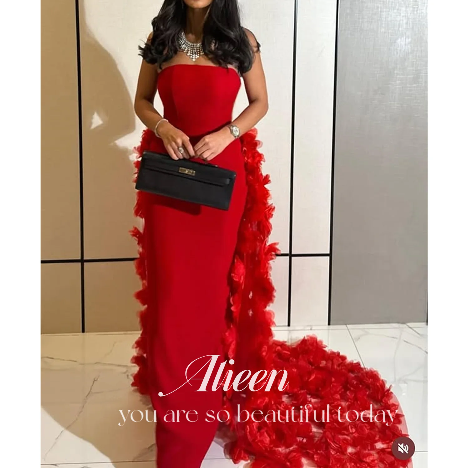 Aileen personalizado nuevo en vestidos para ocasiones especiales flores 3D vestidos de noche muy lujosos cola vestido de fiesta de boda negro