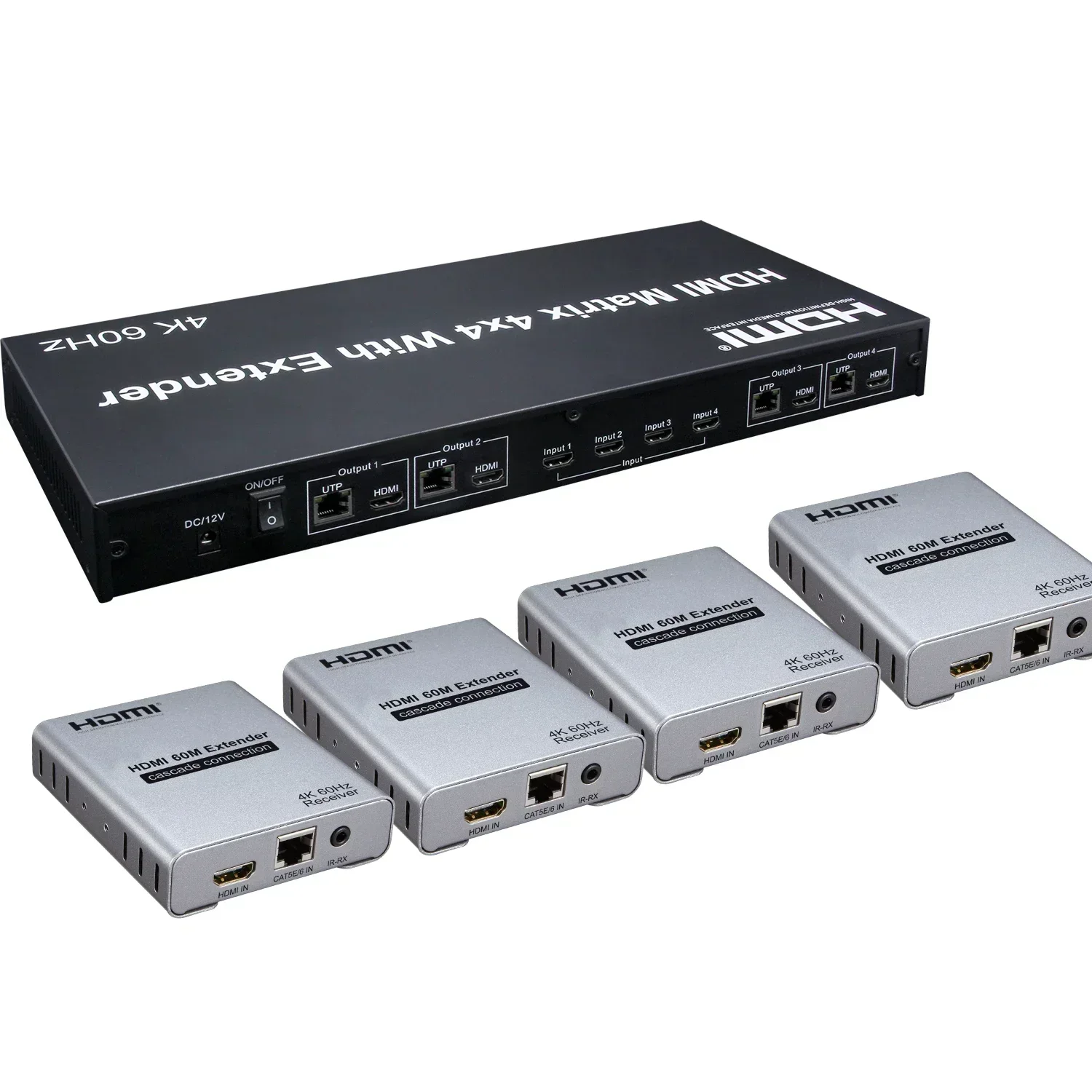 Matriz HDMI 4K 60Hz 4x4 con extensor a través de Cable Ethernet Cat5e Cat6 Rj45 divisor de interruptor de vídeo 60m 120m receptor Rj45 opcional