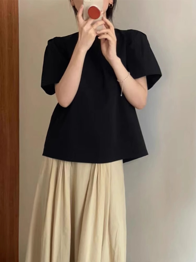 Csa E com Mangas em Bolha Pretas Design de Moda Fena Top Chic com Nó Estilo de Trabalho Csa de Manga Curta