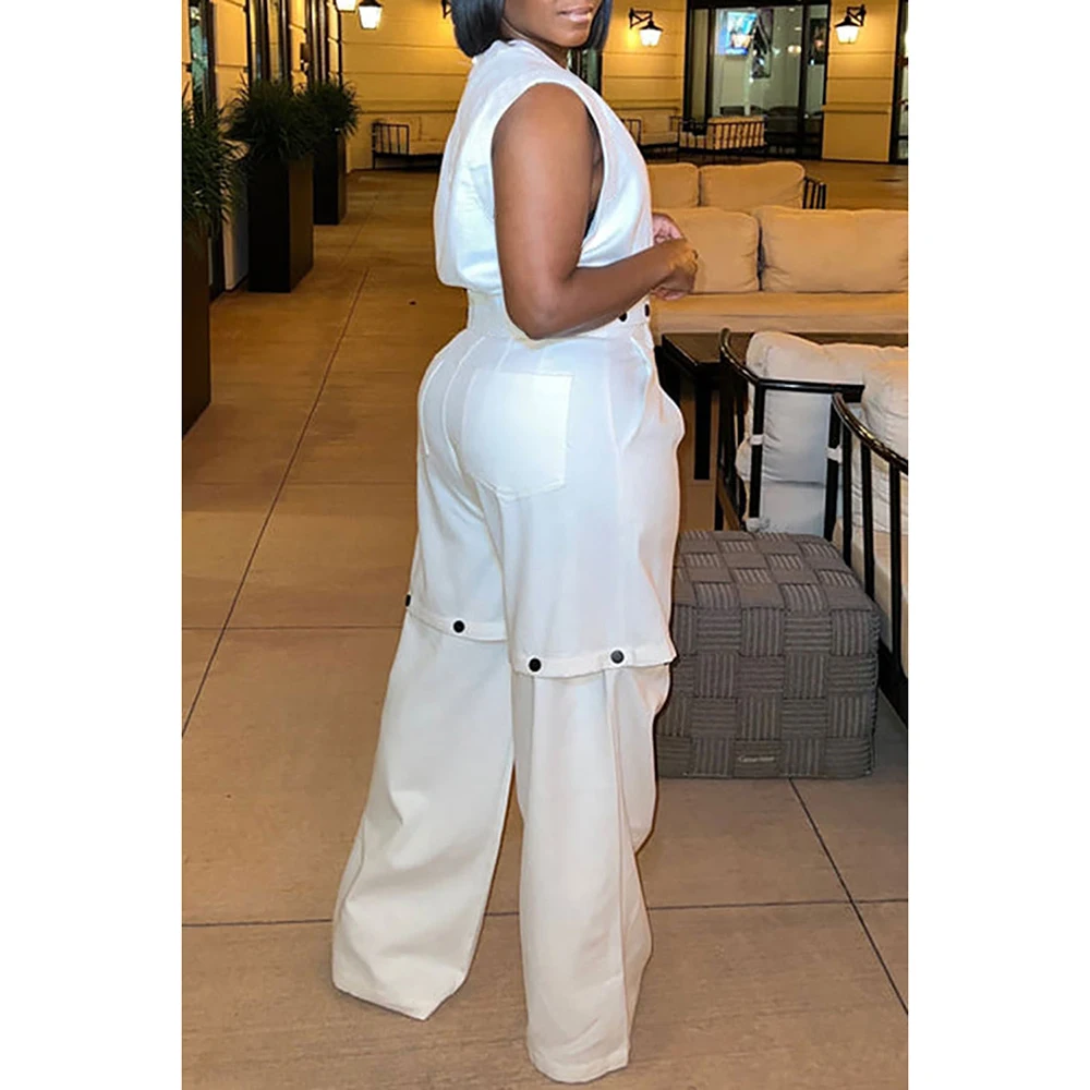 Calça destacável casual conjunto com bolso, gola redonda, plus size, branco, 2 pcs