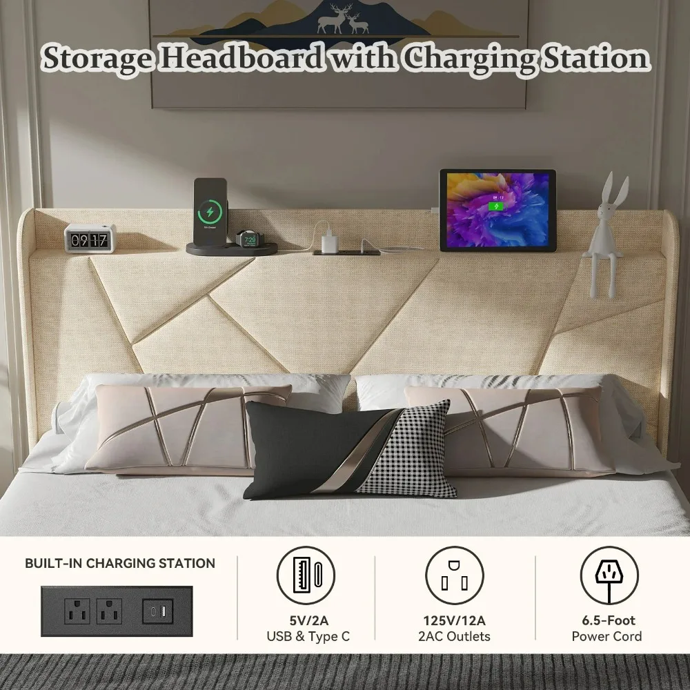 Queen Bed Frame with Charging Station, Upholstered Platform Bed with Wingback Storage Headboard, Beige