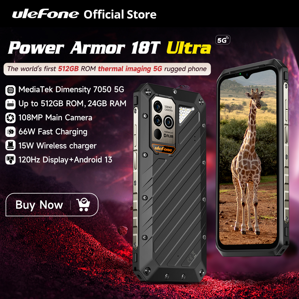 Teléfono resistente Ulefone Power Armor 18T Ultra 5G 512 GB de ROM + 24 GB de RAM Cámara de imágenes térmicas Teléfono inteligente THERMAL BY FLIR® 9600 mAh 66 W, NFC, carga inalámbrica de 15 W, 108 MP, teléfono