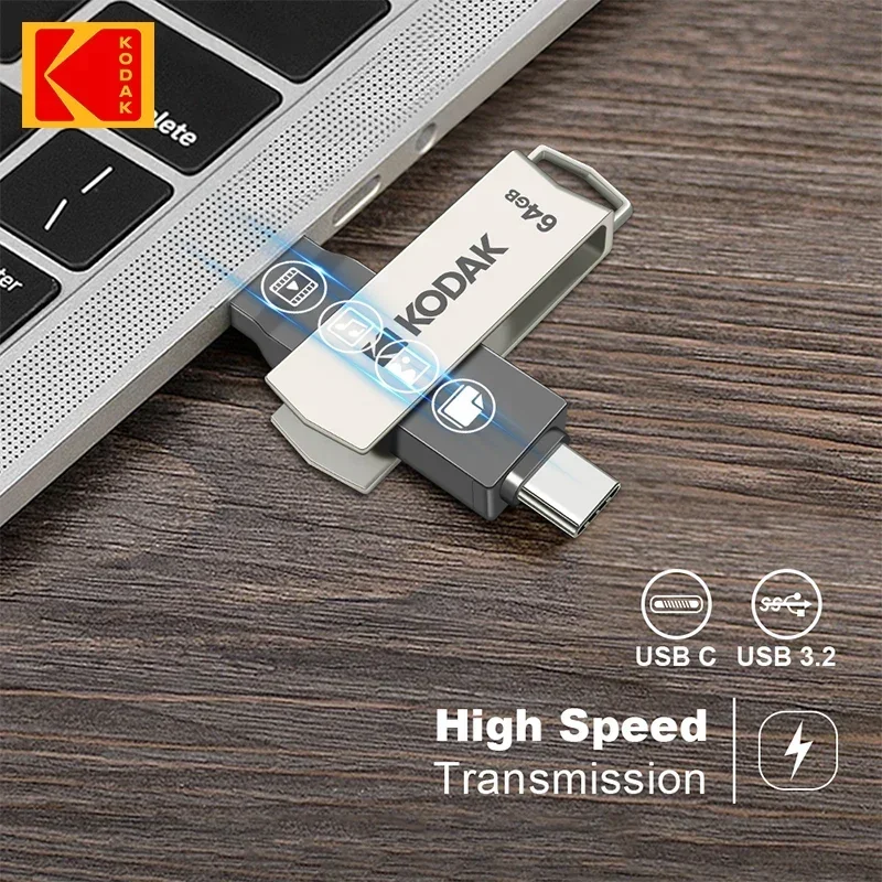 KODAK USB3.2 Type C Flash Drive 256GB 128GB 32GB Pendrive High Speed Dual Memory Stick For Smartphone Laptop
