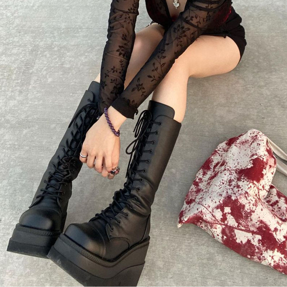 DoraTasia Black Gothic Fashion Round Toe Side Zipper Lace Up Women's Mid Calf Boots New INS Christmas Street Party Shoes Woman