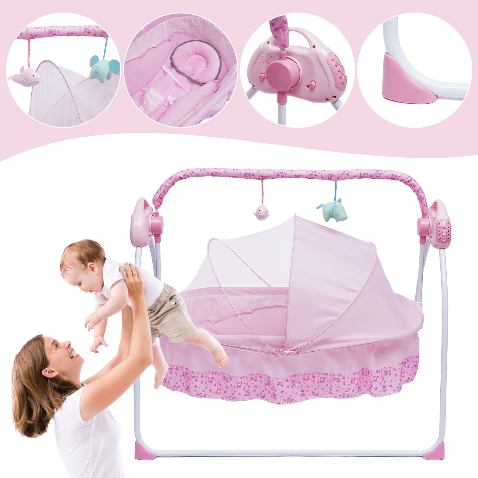 Berceau électrique à balançoire automatique pour bébé, lit de sommeil CPull, bascule pour bébé, musique Bluetooth Net, réglable, polymères, 5 vitesses