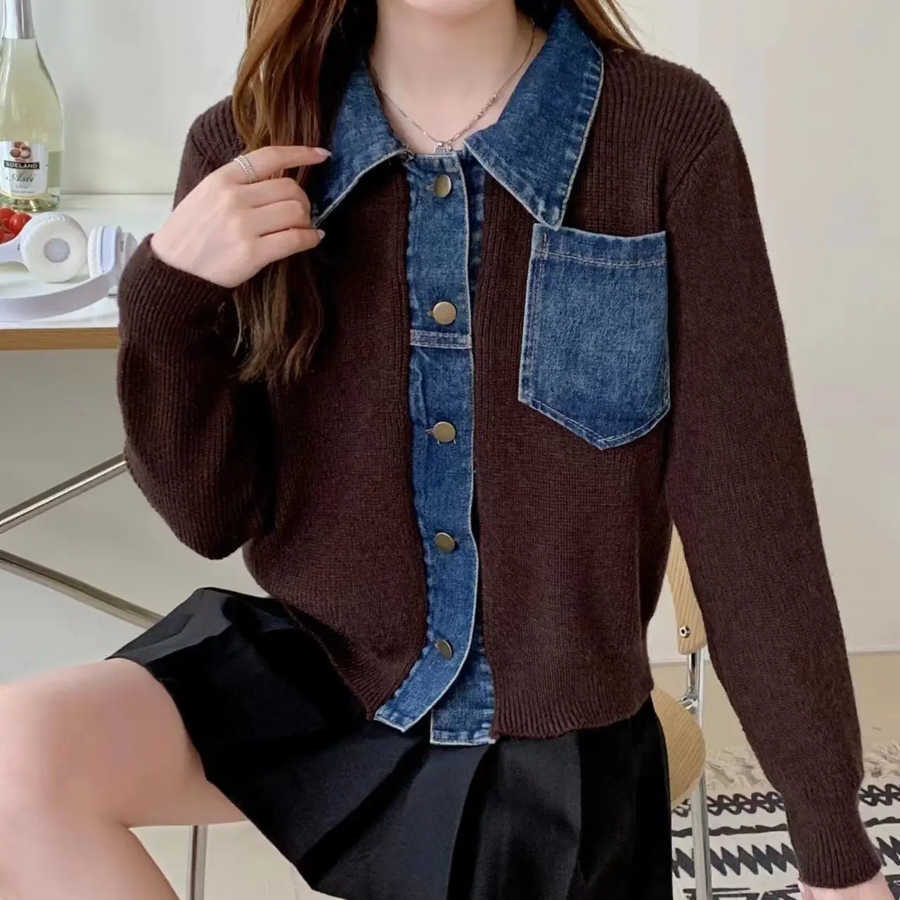 Ropa de abrigo pequeña para primavera y otoño, abrigo vaquero para mujer, chaquetas vaqueras cortas de retales negras, chaquetas vaqueras tejidas, nueva colección 2024