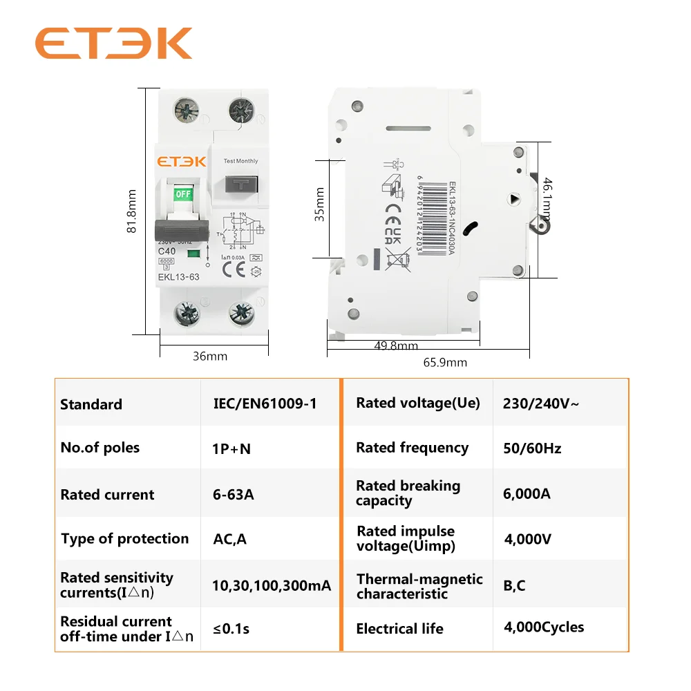 ETEK RCBO Автоматический выключатель остаточного тока низкого напряжения типа A 30 мА 2P (1P + N) Защита от утечки короткого тока RCD EKL13