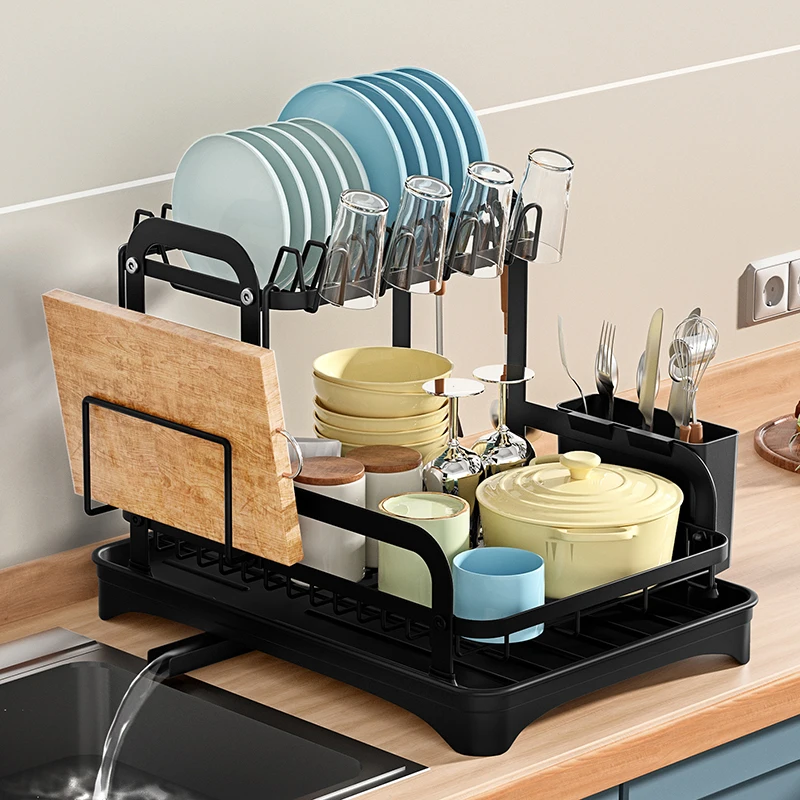 Stendino per piatti da cucina a 2 livelli, scolapiatti, scolapiatti, con cestello di scarico, organizer per stoviglie da appoggio